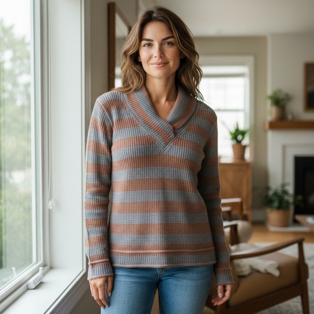 prAna Women's Ivona Blue & Brown Cowel Neck Striped Pullover Organic Cotton - M - Picture 2 of 8